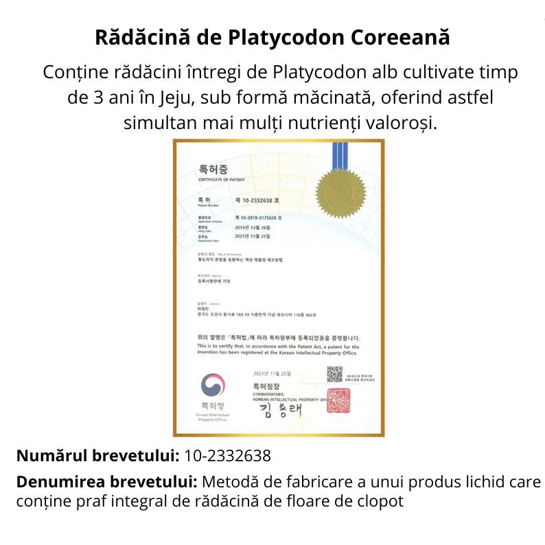 Denumirea Brevetului: Metoda de fabricare a unui produs lichid care contine praf integral de radacina de Platycodon